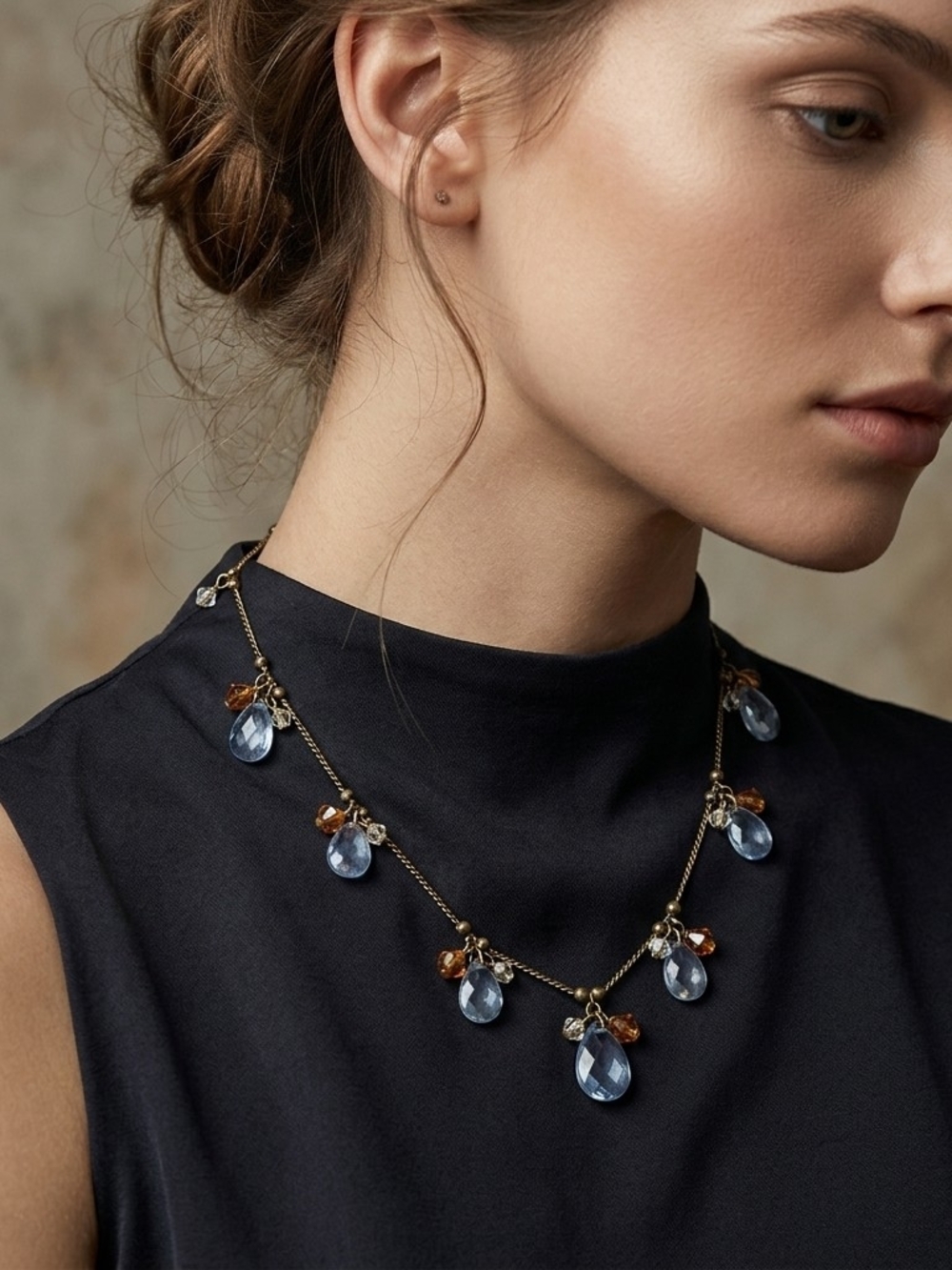 Vintage Briolette Drop Charm Necklace Gold Blue Amber Perfect 8"